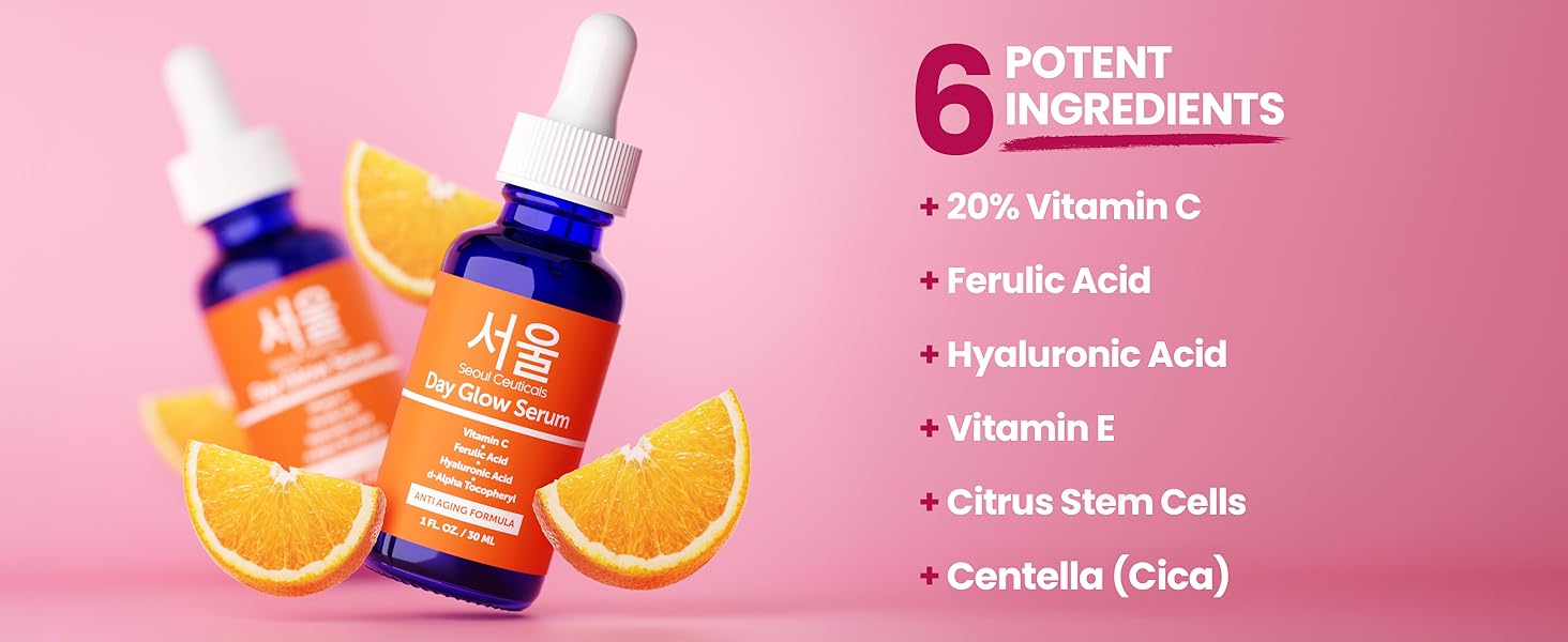 SeoulCeuticals Korean Vitamin C Serum 20% + CE Ferulic Acid + Hyaluronic Acid | Anti-Aging Brightening | 1oz