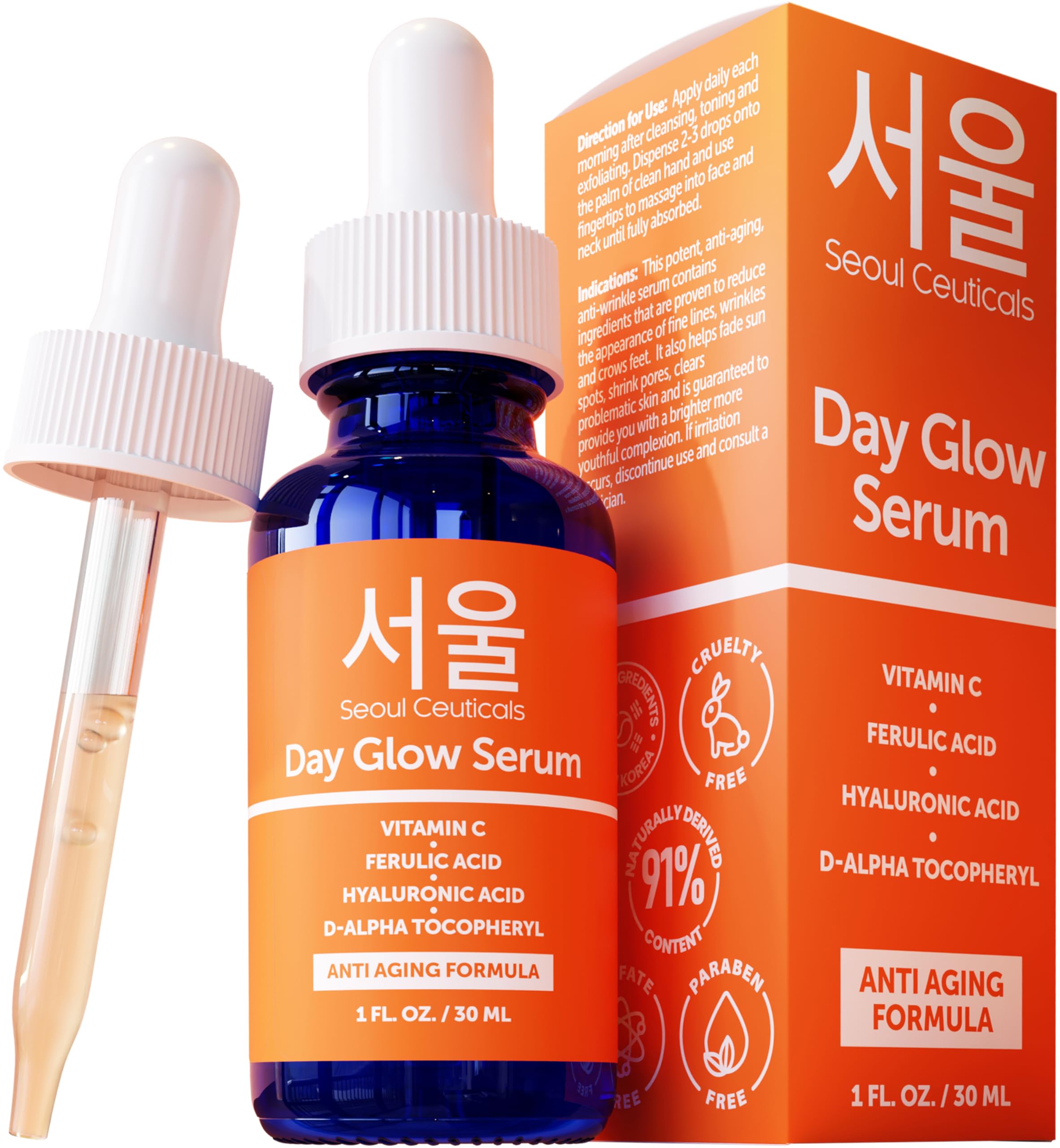 SeoulCeuticals Korean Vitamin C Serum 20% + CE Ferulic Acid + Hyaluronic Acid | Anti-Aging Brightening | 1oz