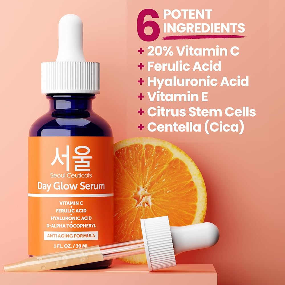 SeoulCeuticals Korean Vitamin C Serum 20% + CE Ferulic Acid + Hyaluronic Acid | Anti-Aging Brightening | 1oz